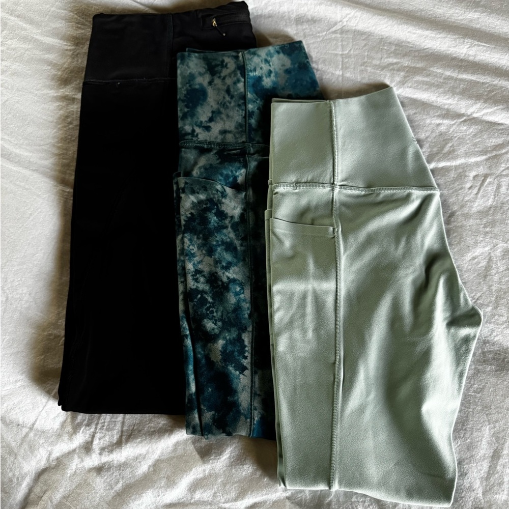 Set of Three Athleta Leggings - Black, Tie-Dye, Mint Blue/Green